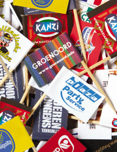 Portions fähnchen, Kostproben, Burgerpicker, Bambus-Spiess bedrucken